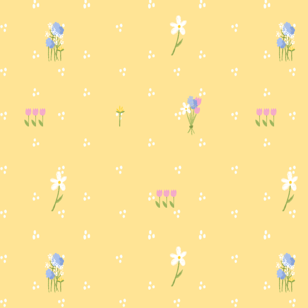 Cute floral pattern on yellow background with daisies, tulips, and small blossoms.