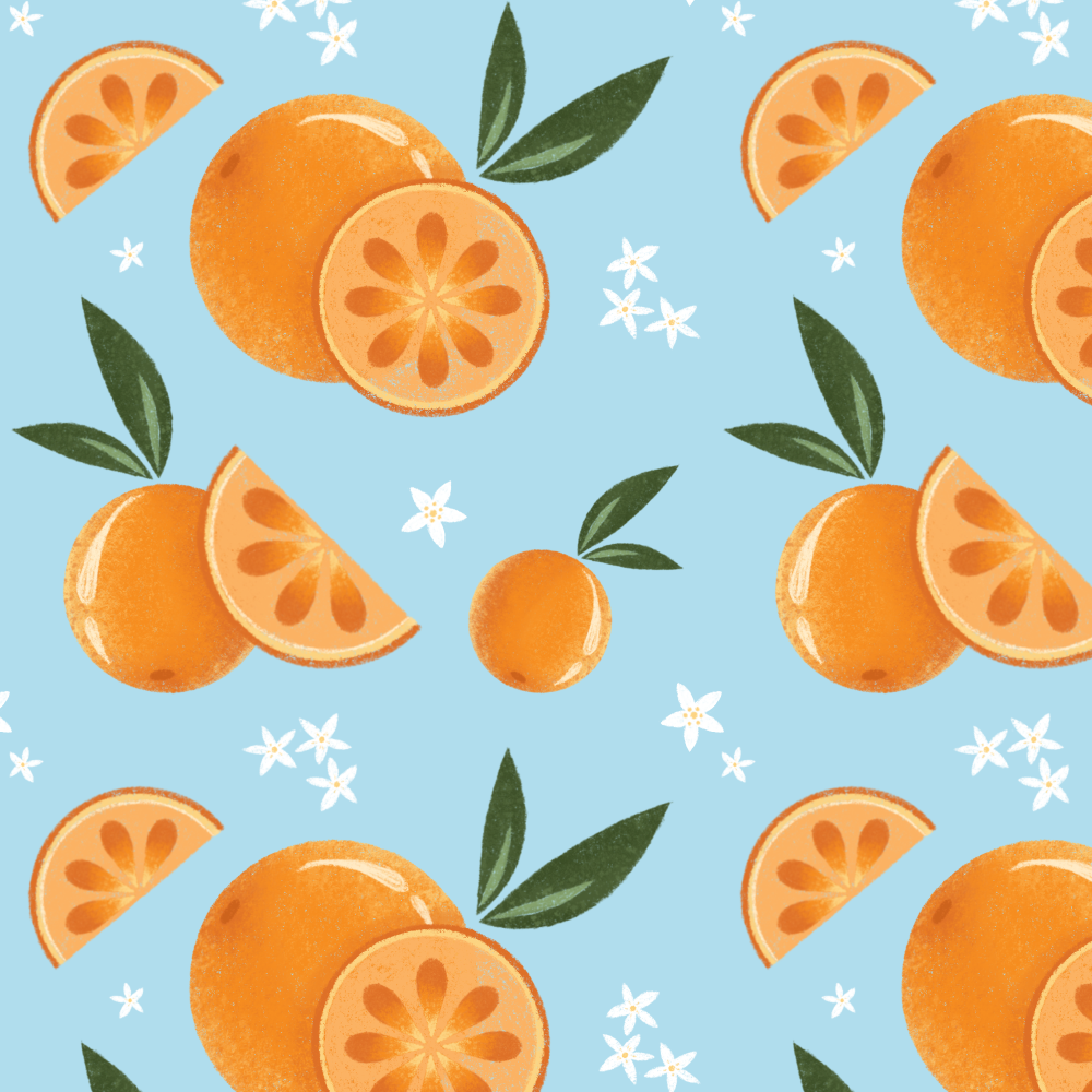 Pattern of oranges, orange slices, leaves, and white flowers on a blue background.