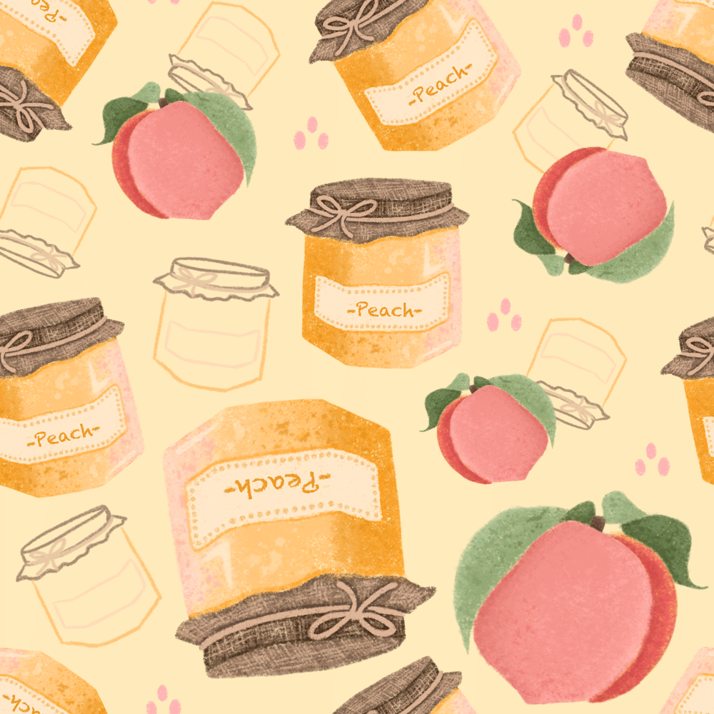 Seamless pattern featuring peach jam jars and peaches on a light background.