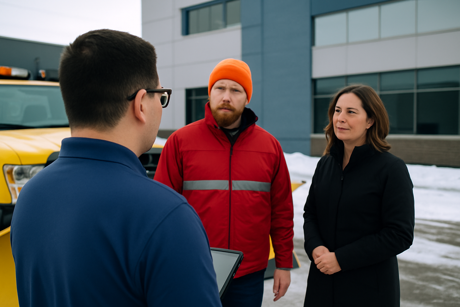 Three people having a discussion outside near a yellow vehicle, with a modern building in the background, snow on the ground, and overcast sky.