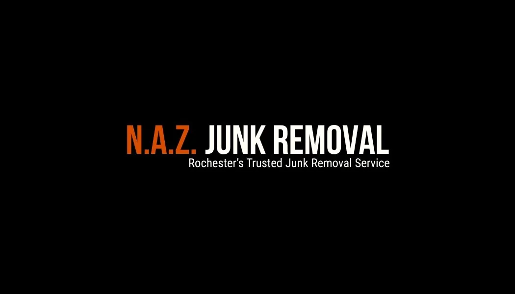 Logo for N.A.Z. Junk Removal with black background, orange and white text, and tagline 'Rochester's Trusted Junk Removal Service'.