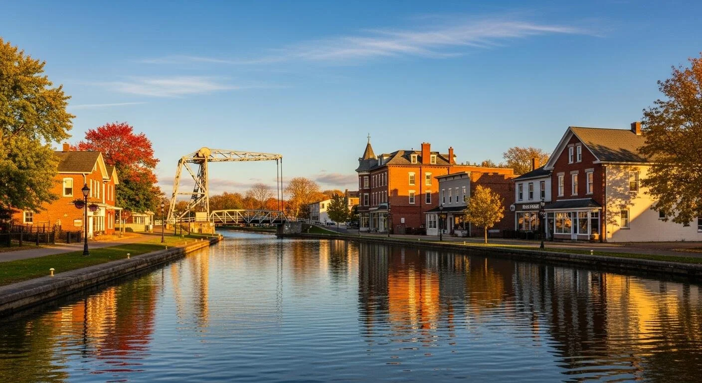 A picturesque scene of a small town with a canal reflecting the colorful autumn trees and historic brick buildings, including shops and a bridge, under a clear blue sky.
