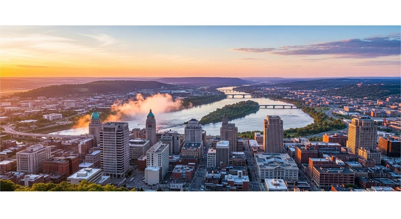 Aerial view of a city skyline at sunset with buildings, bridges, and a river with smoke or steam rising from a point along the river.