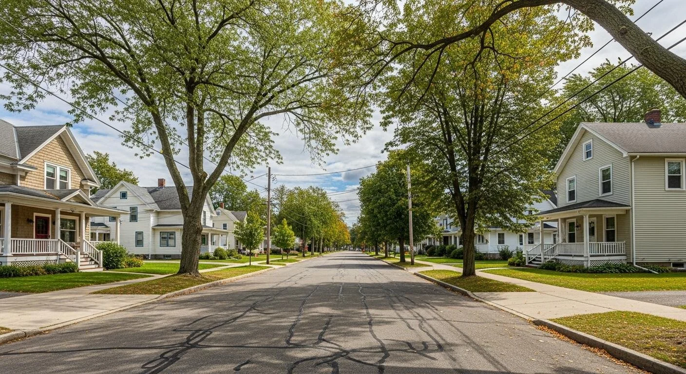 A quiet suburban street lined with trees and two-story houses with front porches.