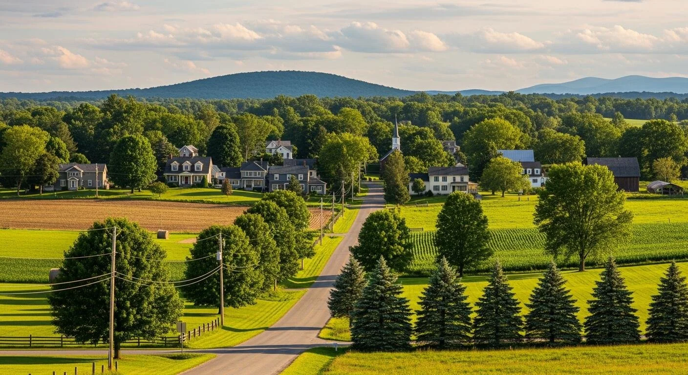 A scenic rural landscape with trees, fields, a winding road, and houses, with hills and mountains in the background.