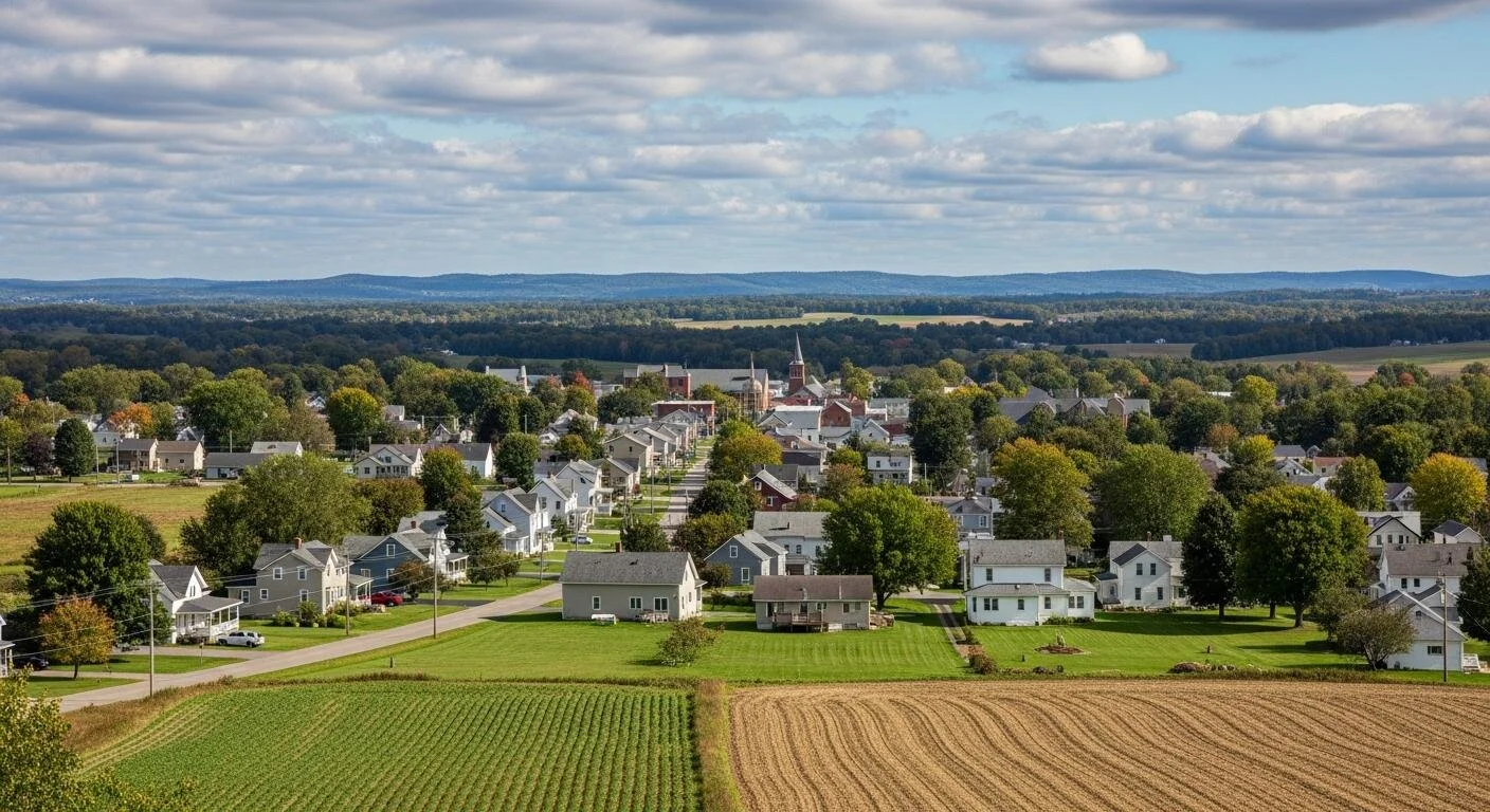 A scenic view of a small town with rows of houses, green yards, and fields, with a church steeple visible in the distance under a partly cloudy sky.