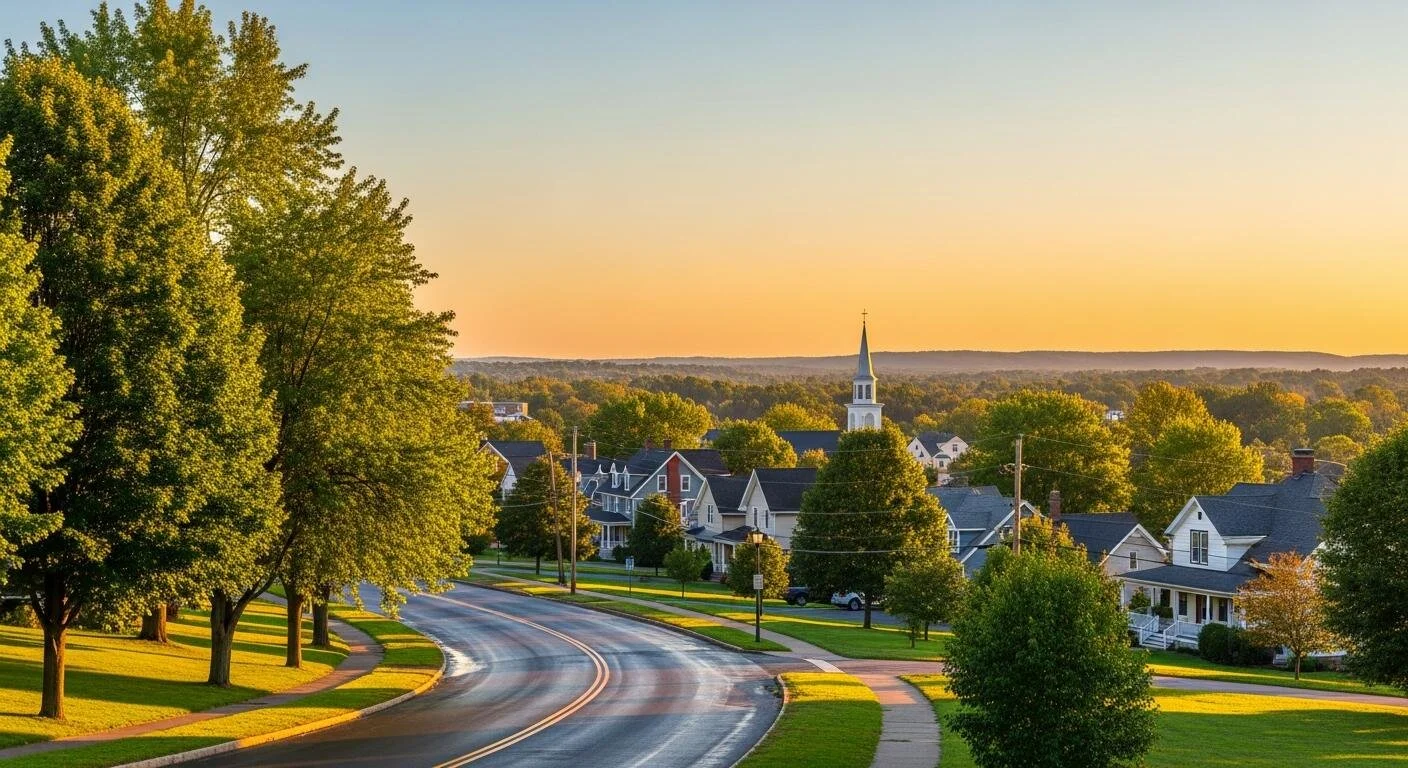 A peaceful neighborhood at sunset featuring a curving road, lush green trees, colorful houses, and a church with a steeple in the distance.