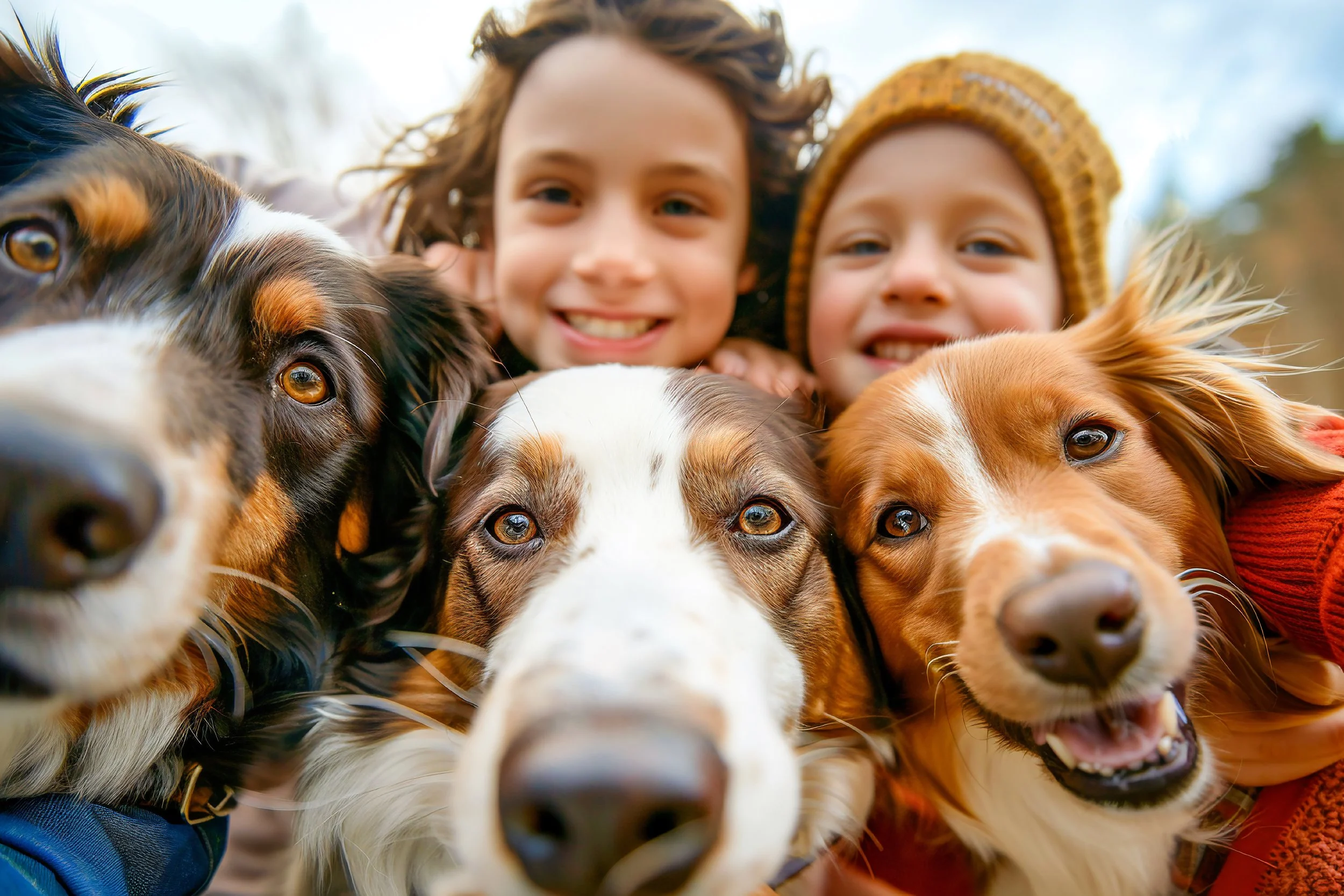 Two children smiling and leaning close to a group of four dogs, all looking into the camera, outdoors during daytime.