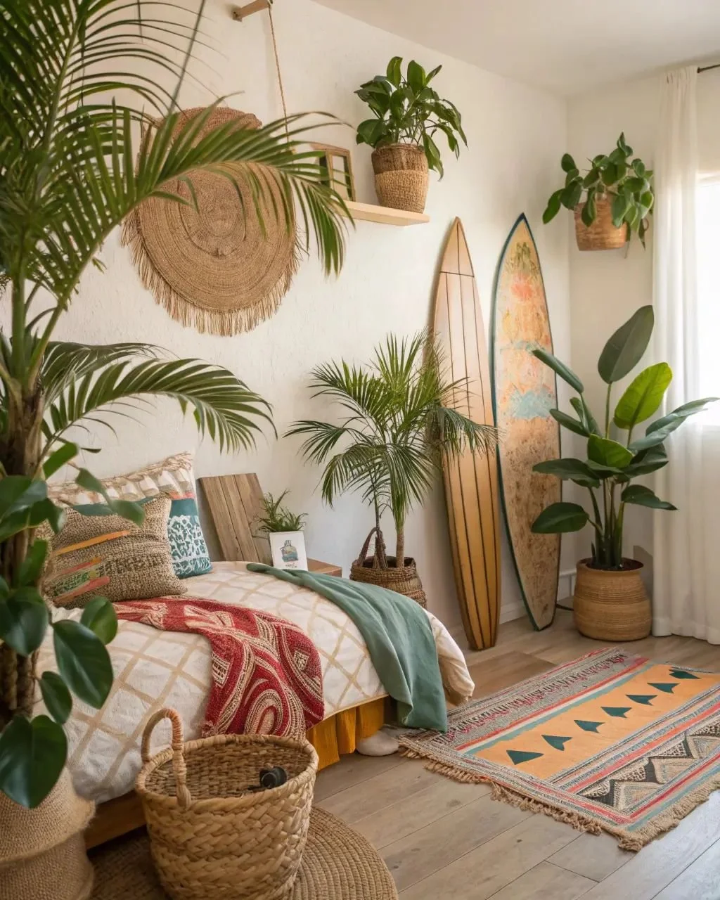 A cozy bedroom decorated with tropical plants, surfboards, woven wall art, and a colorful rug.