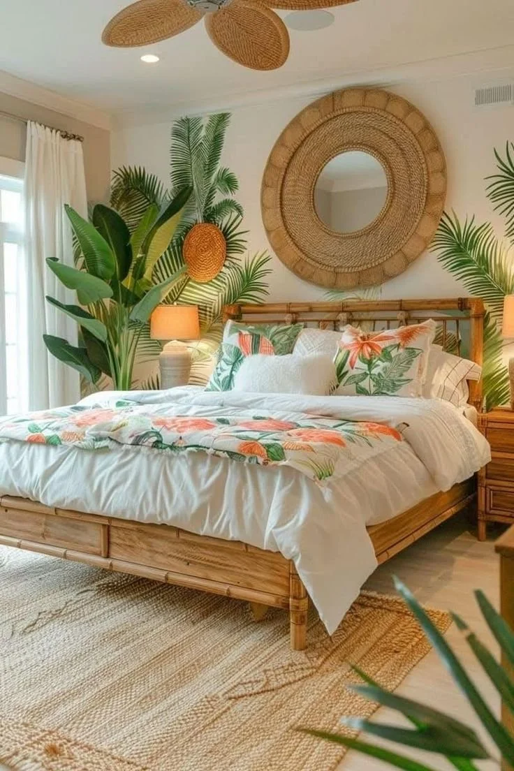 A bedroom with a wooden bed frame, white bedding with floral pillow and blanket, surrounded by tropical plants, a round wicker mirror, a table lamp, and decorated with woven baskets on the ceiling.