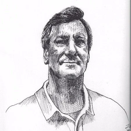 Sketch of a middle-aged man with short hair, smiling slightly, wearing a collared shirt.