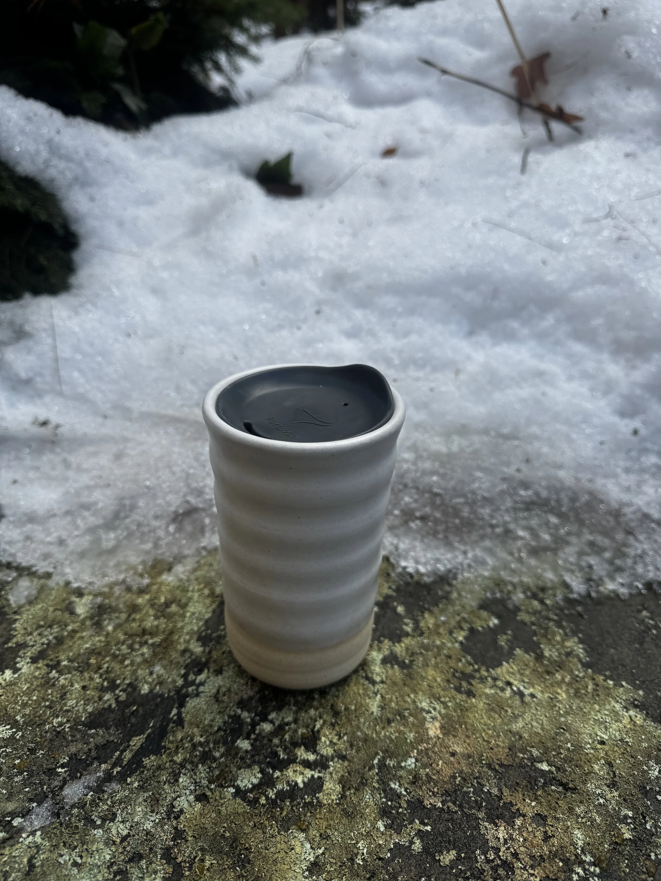 Simple White Ceramic Travel Mug; 12-14 oz