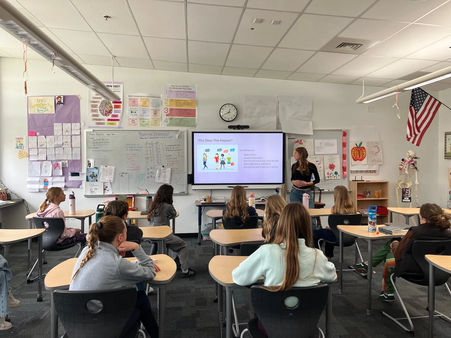 Hallie Zilberman, founder of Her Mind Matters, presenting a mental health lesson to a classroom of sixth-grade girls in Aspen, Colorado