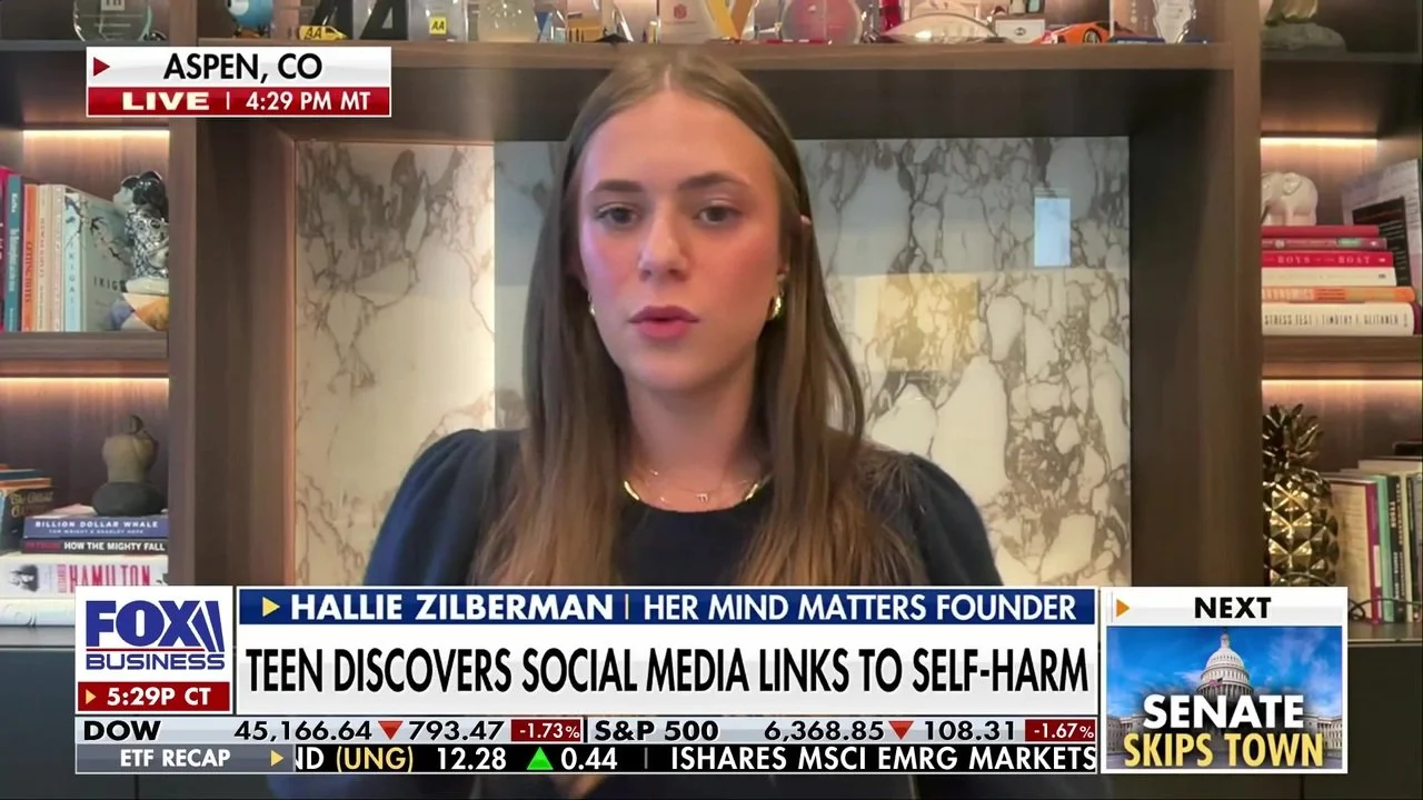 Hallie Zilberman, founder of Her Mind Matters, speaking live on Fox Business from Aspen, Colorado about teen social media and mental health research