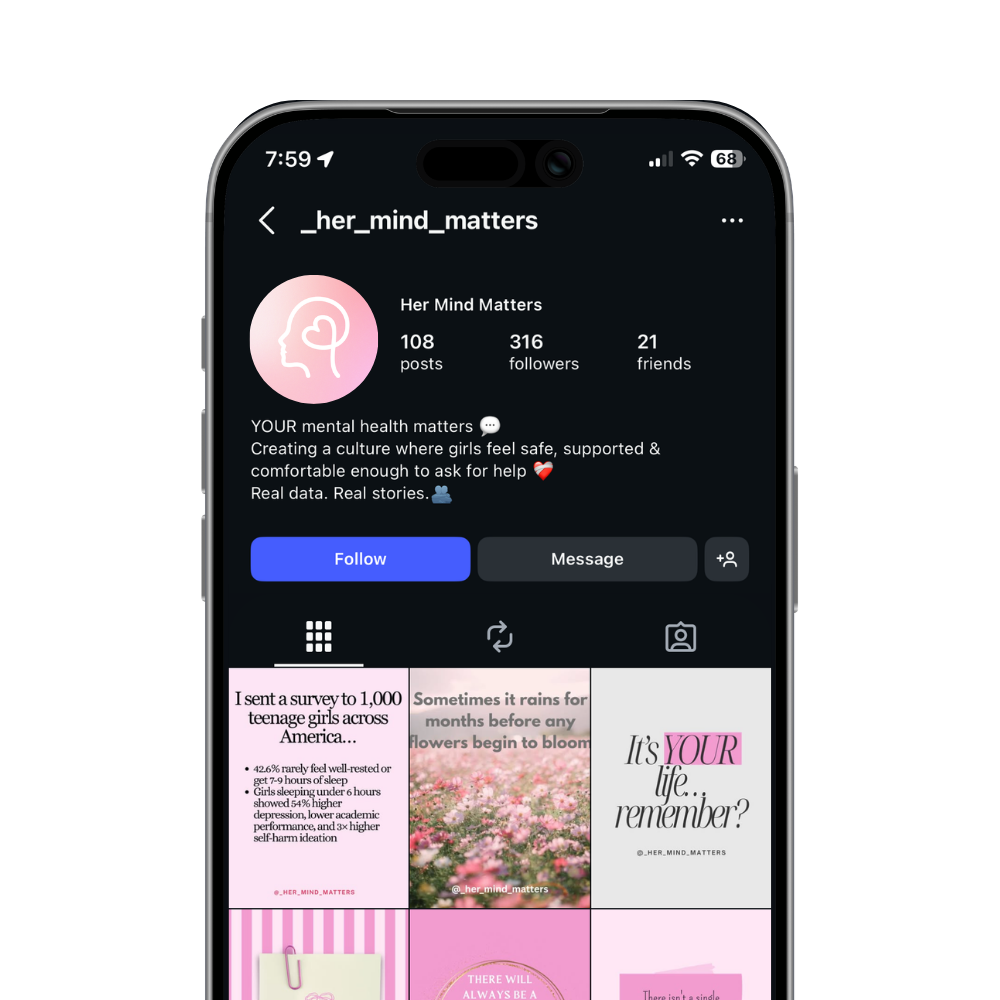 Her Mind Matters Instagram profile mockup showing teen mental health content by Hallie Zilberman