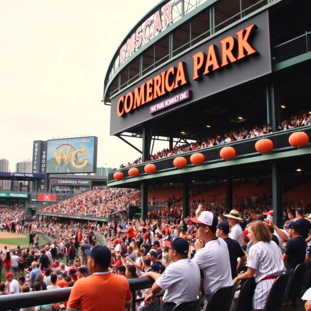 Crowd watching a baseball game at Comerica Park, with the stadium's sign displayed and fans wearing baseball jerseys and hats.