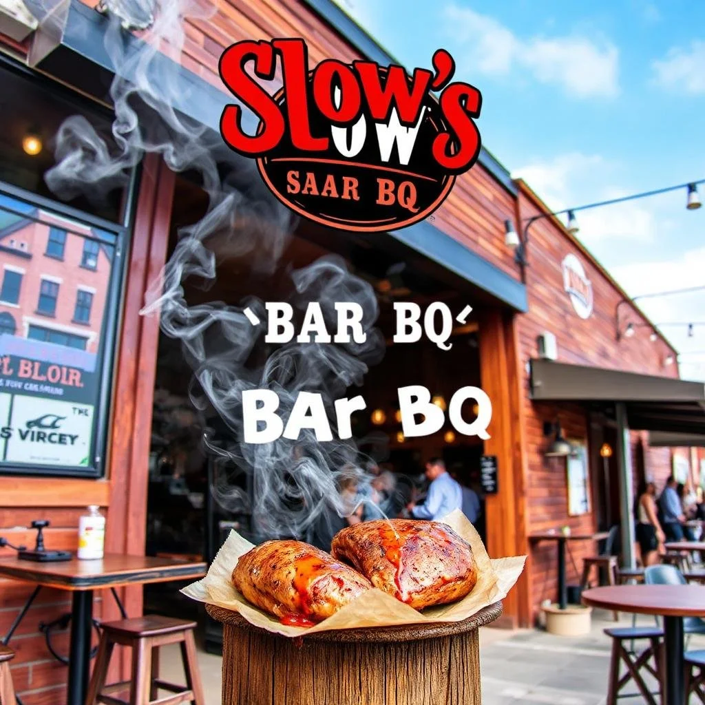 Two smoked barbecue sausages on a paper-lined tray with smoke rising, in front of a rustic barbecue restaurant with outdoor seating and string lights.