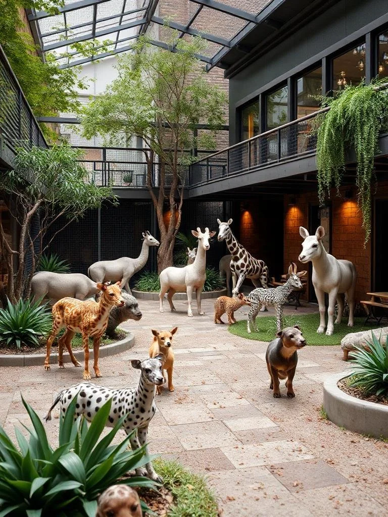 Indoor garden with a variety of realistic animal sculptures, including giraffes, zebras, cheetahs, and a dog, in a modern building with glass ceiling and plants.