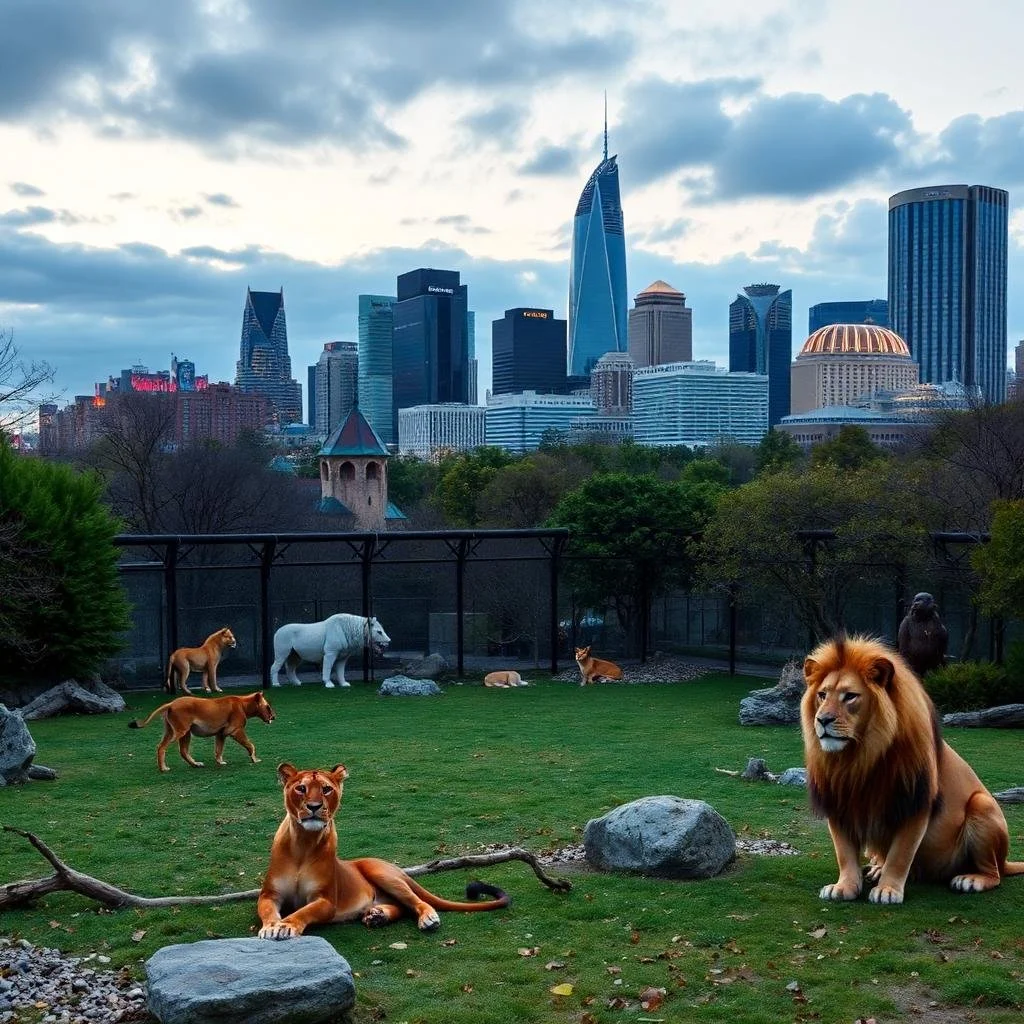 Zoo enclosure with lion and lioness lounging on the grass, surrounded by other animals like a tiger, tiger cub, bear, and wolf, with a city skyline featuring tall skyscrapers in the background.