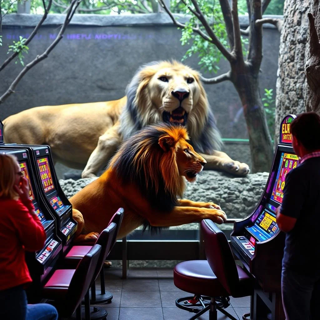 Inside a casino, two people are playing slot machines facing large glass windows showing a lion and a tiger inside a zoo enclosure, creating an illusion that the animals are roaming inside the casino.