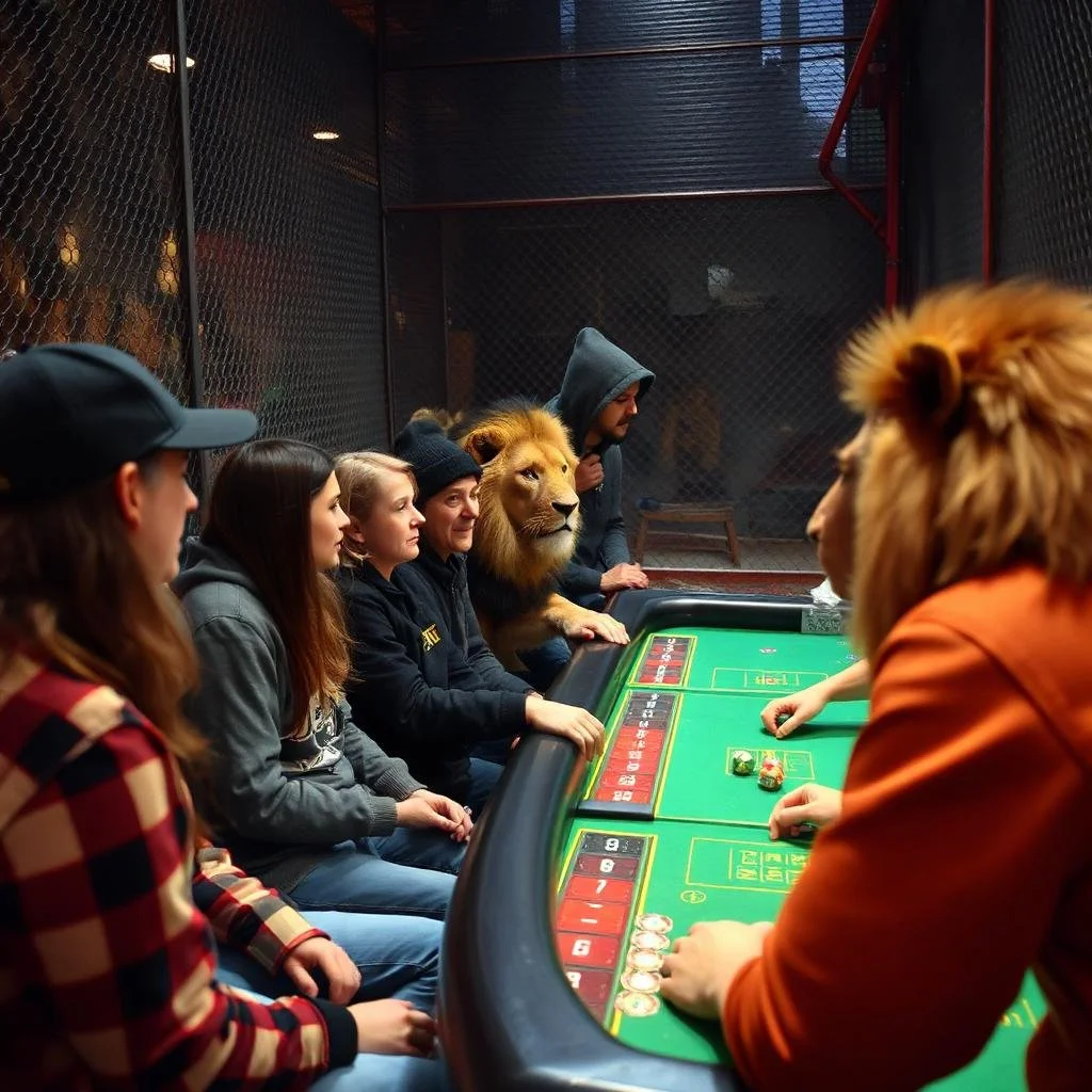 People playing blackjack at a casino table with a lion and a man in a hoodie watching from behind.