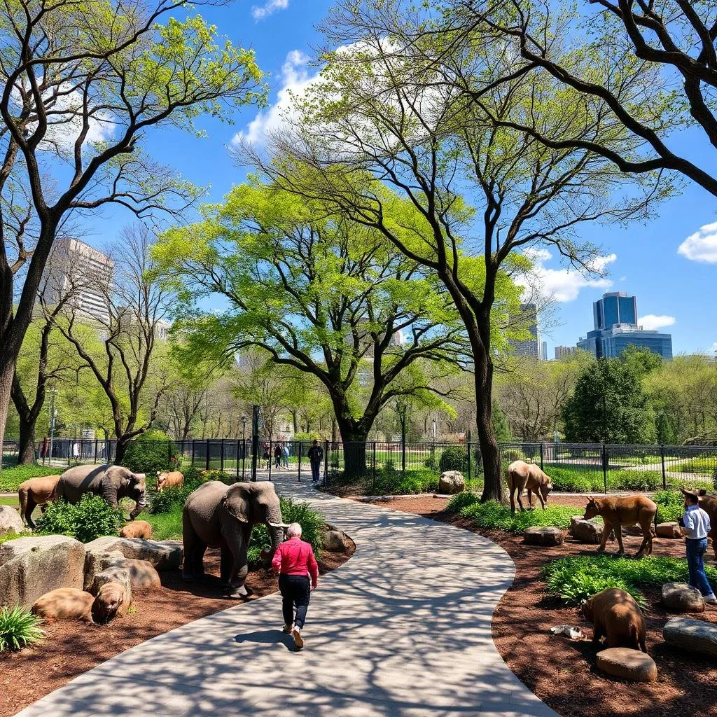 Zoo exhibit with pathways, trees, and various animals including elephants and lions, in an urban park setting with tall buildings in the background.