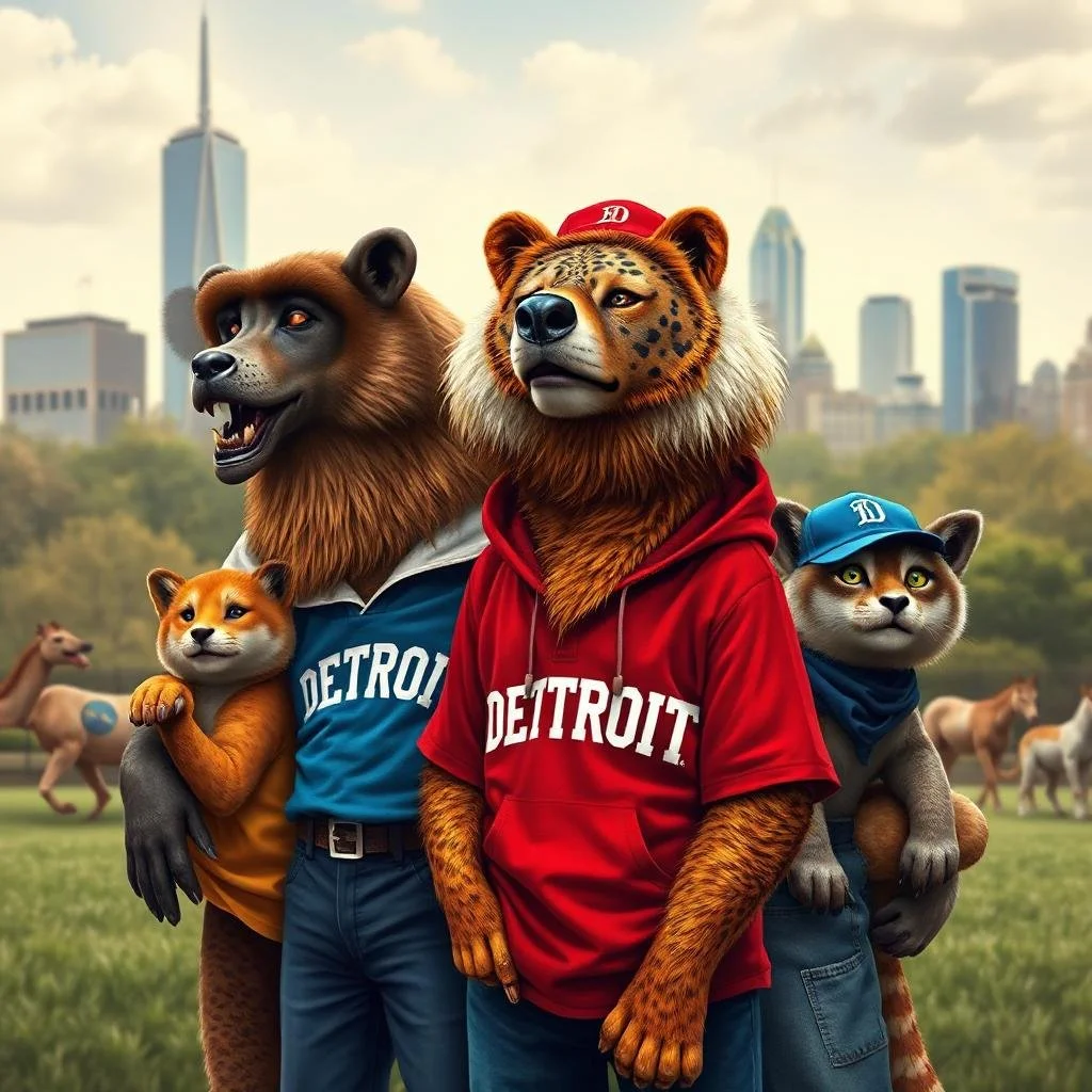 An animated scene with a lion, bear, and two cats, all wearing Detroit sports team apparel, standing in a park with a city skyline in the background.