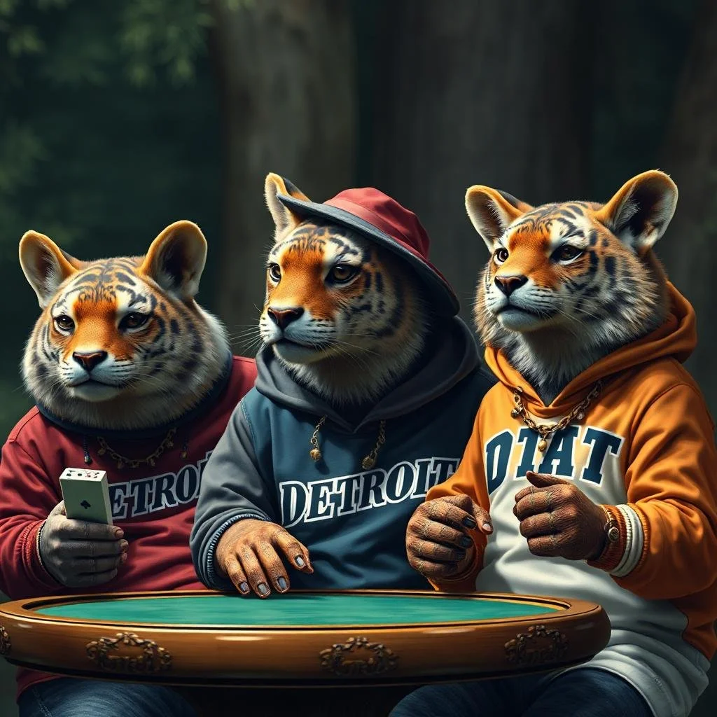Three anthropomorphic tiger humanoids with feline heads, wearing Detroit sports team hoodies, sitting at a poker table in a forest setting.