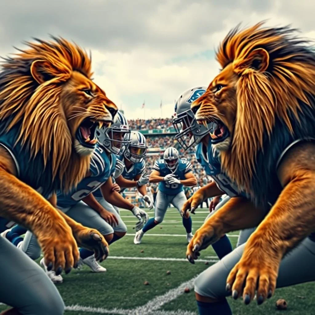 A digitally created image of two lions facing each other on a football field, with football players crouched behind them, as if preparing for a game.