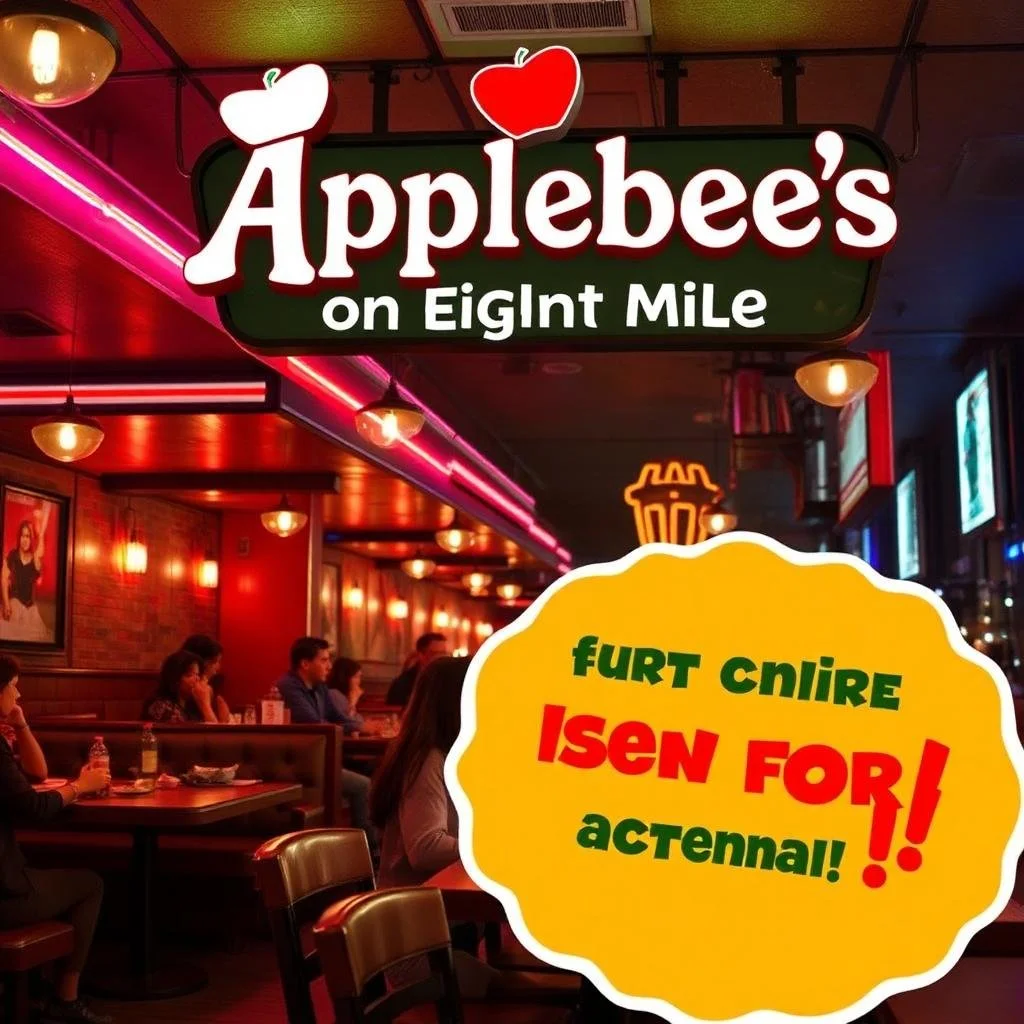 Sign for Applebee's restaurant on Eight Mile with a red and green logo, and a bold yellow sticker reading 'Furt Cnire Iesen For! Actennai!' in front of a restaurant interior with people dining.