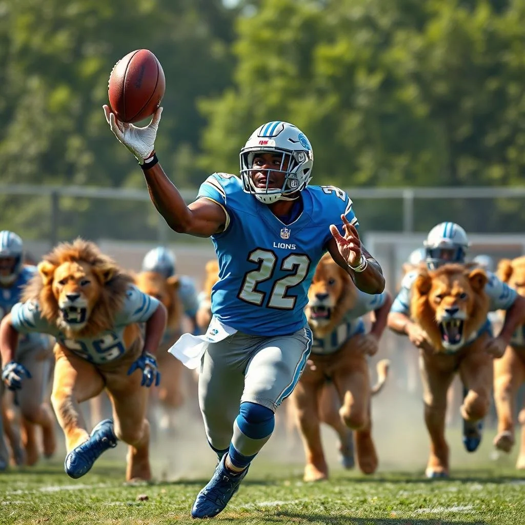 An American football player wearing a Detroit Lions uniform, number 22, running with the ball while lions with manes run behind him during a game on the football field.