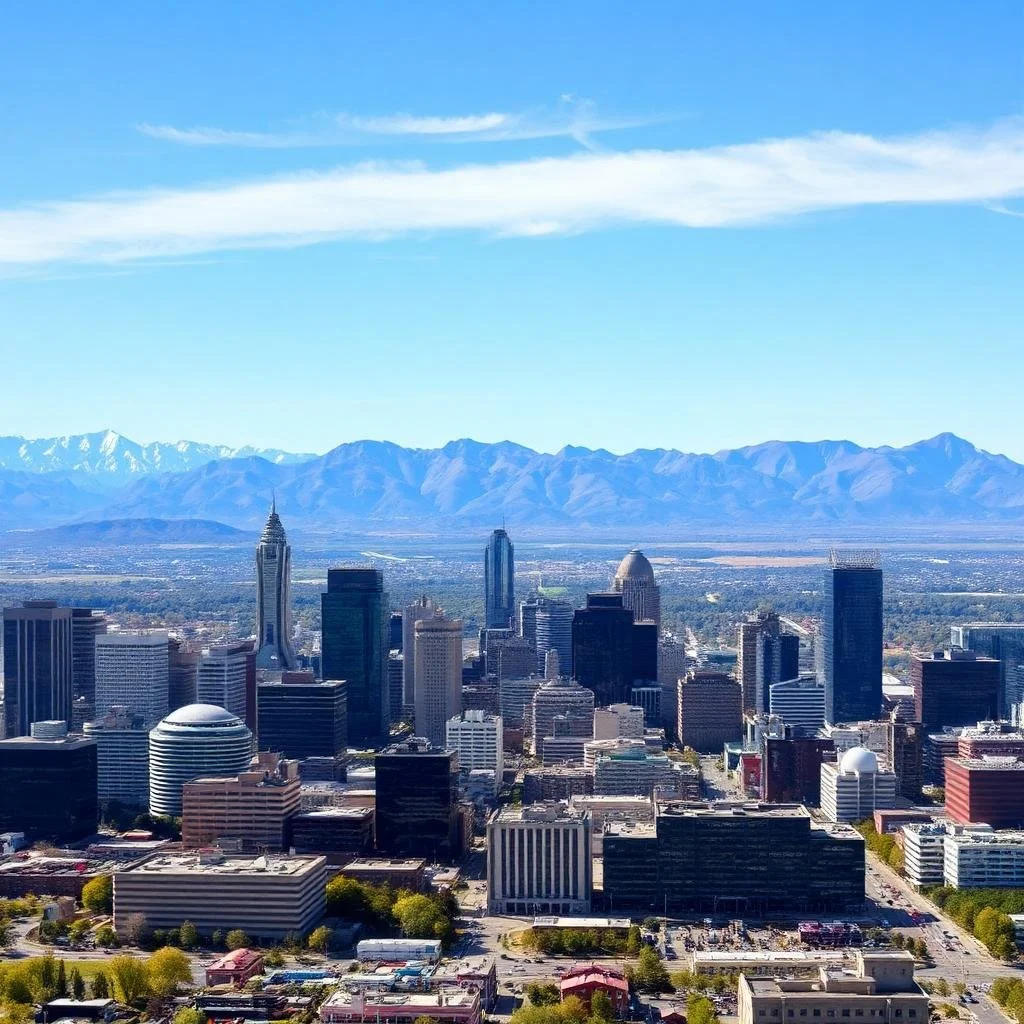 Skyline of downtown city with skyscrapers and mountains in the background under a blue sky.