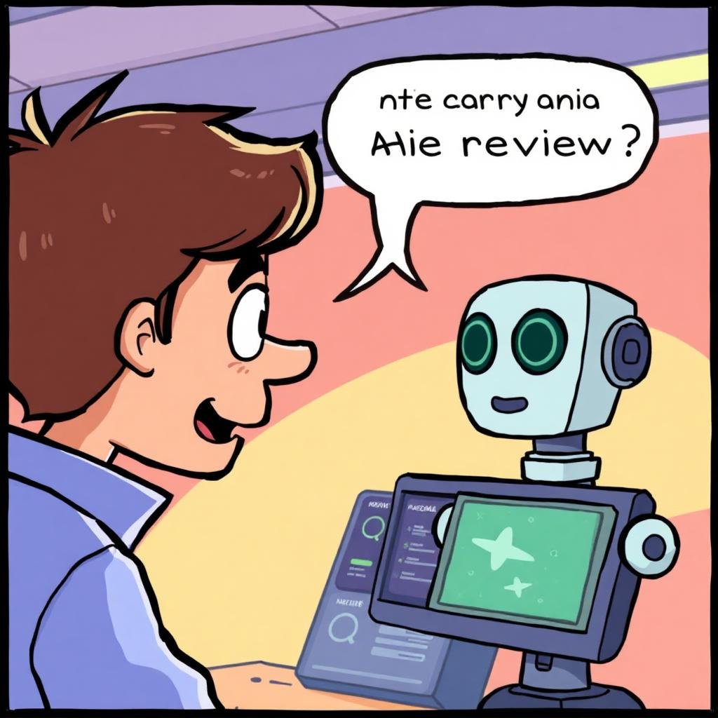 A cartoon of a person talking to a robot, saying "nte carry ania Alie review?"
