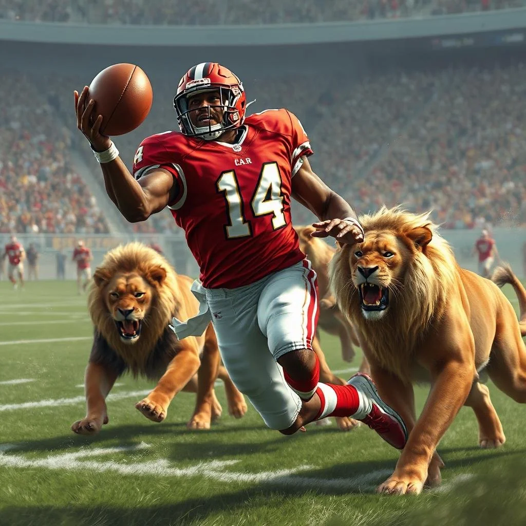 A football player wearing a red jersey with the number 14 and a helmet runs on a football field while holding a football, flanked by two lions running beside him in a stadium filled with spectators.