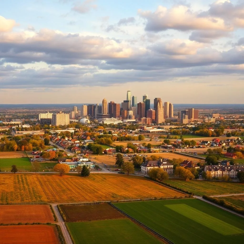 A city skyline with tall buildings in the distance, surrounded by fields and trees in the foreground under a partly cloudy sky.