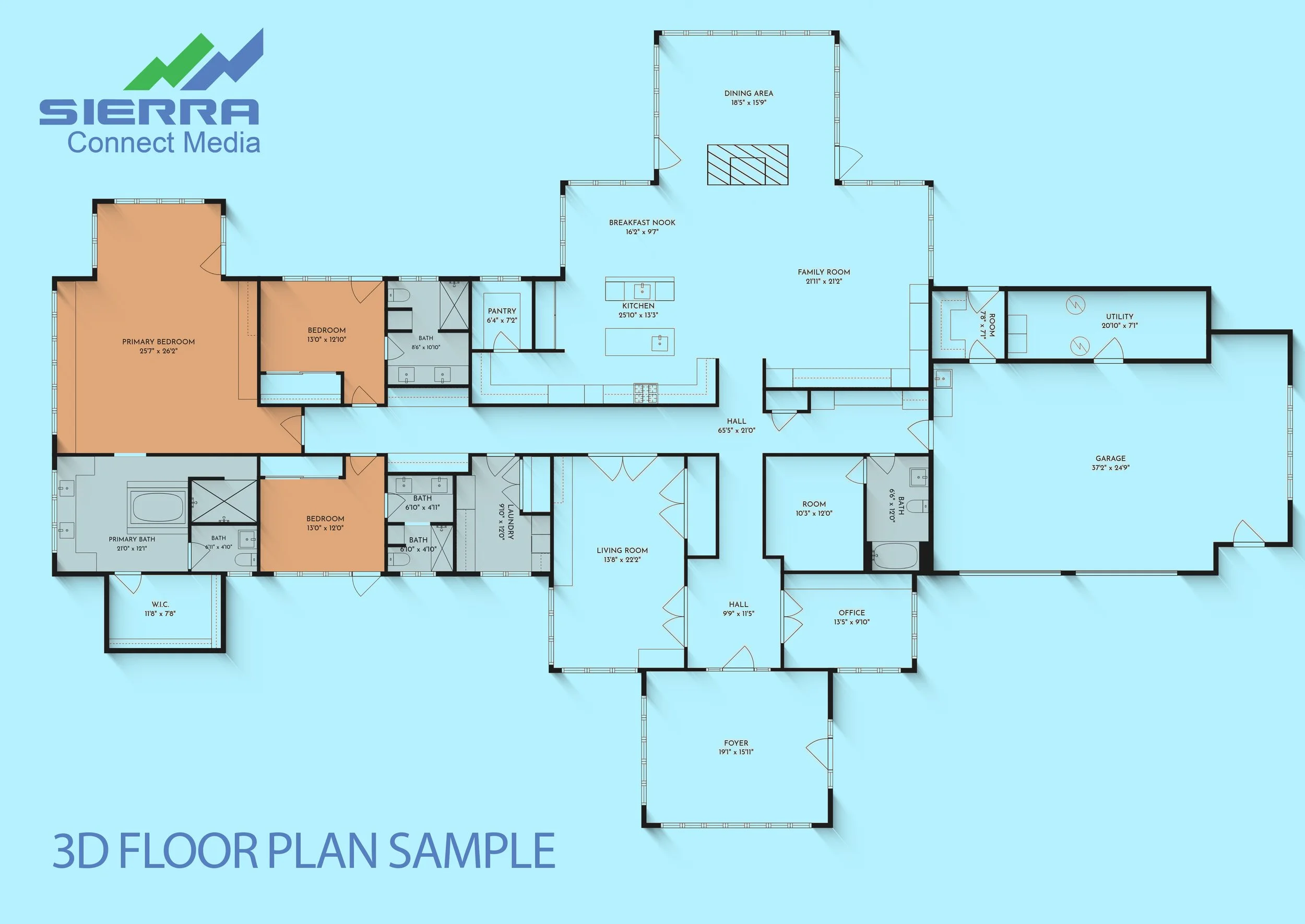 Dimensioned three-dimensional floor plan rendering of a single-family residence