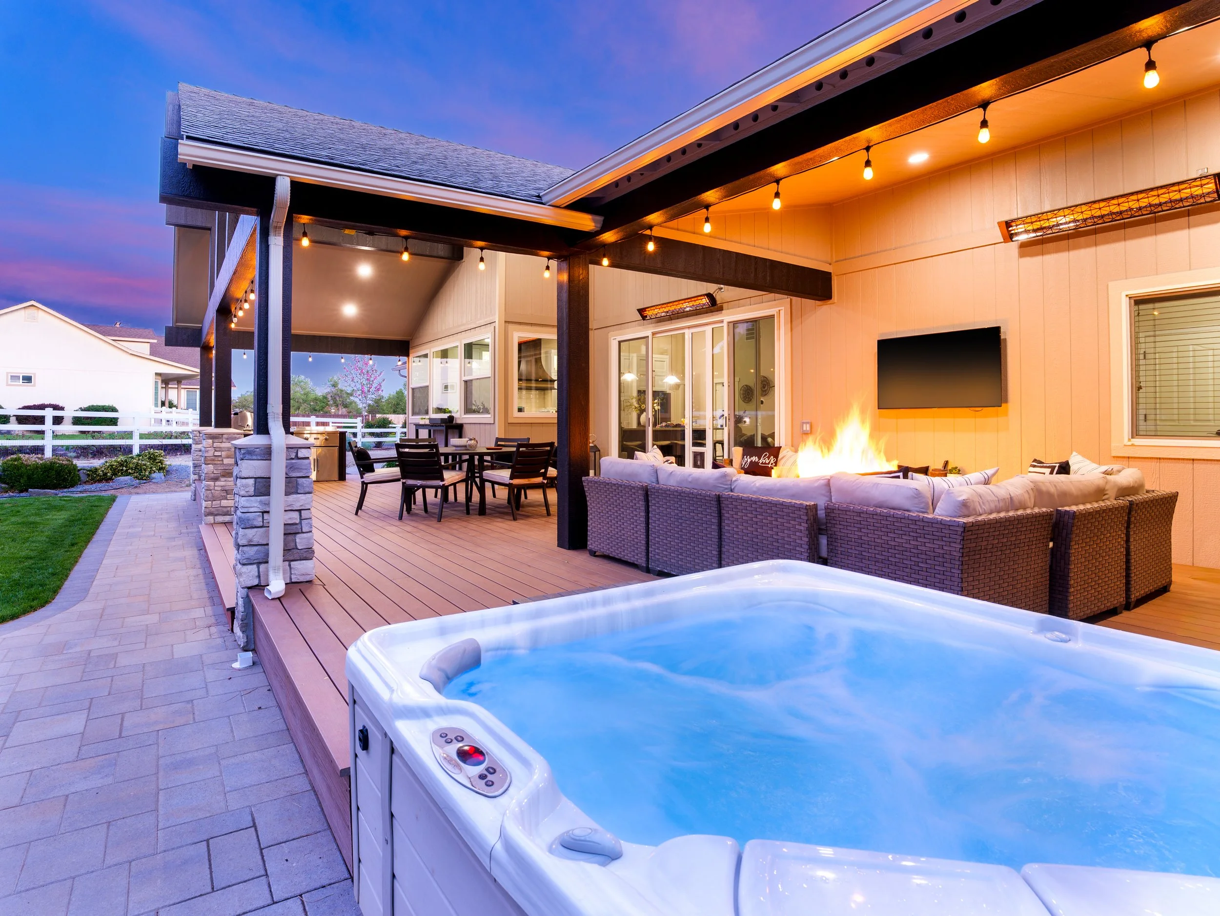 Twilight elevation with balanced ambient and interior lighting, Northern Nevada