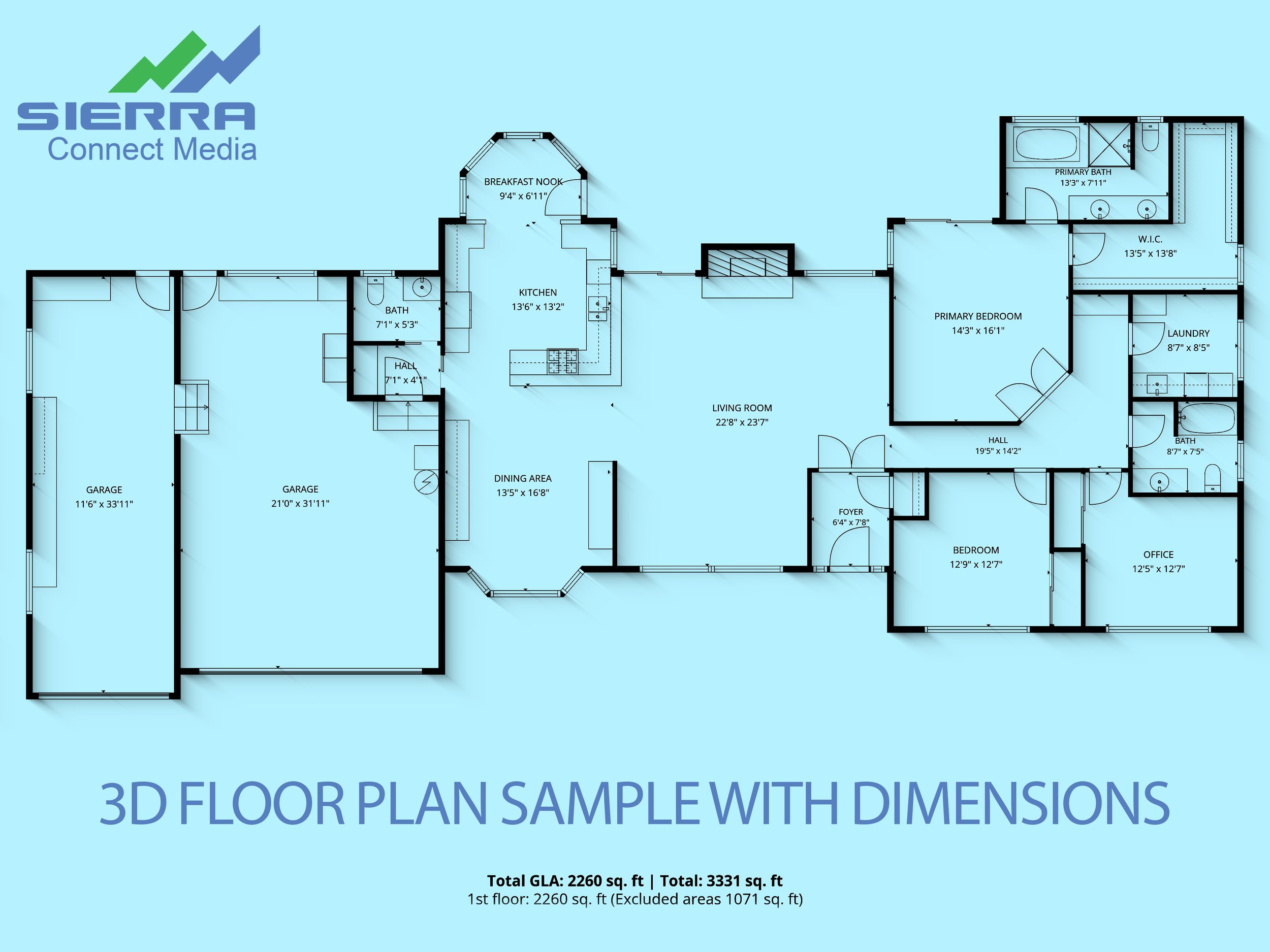 Three-dimensional floor plan showing room flow and dimensions