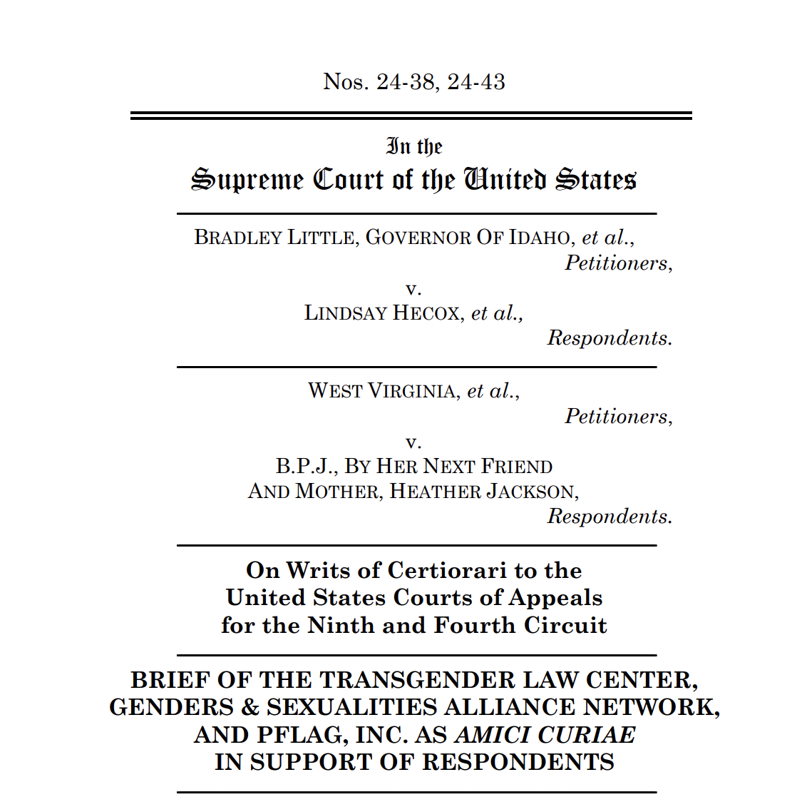 Transgender Law Center, GSA Network, PFLAG National, and Grove Law LLP File Amicus Brief in SCOTUS Trans Sports Cases Uplifting Trans Athletes.