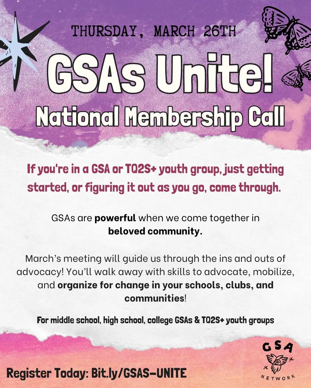 ❤️&zwj;🔥Join GSAs Unite! - a monthly national meeting that welcomes GSA club members as well as trans, queer, Two Spirit identifying youth across middle school, high school, and college interested in starting, joining, or engaging with GSA clubs!

?