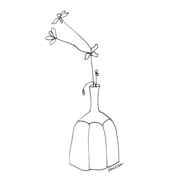 A simple line drawing of a flower in a vase, with the flower leaning to the left and small leaves on its stem.
