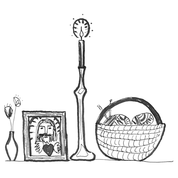 Black and white illustration of a vase with flowers, a framed picture with a hand holding a heart, a tall ornate clock, and a basket filled with balls.