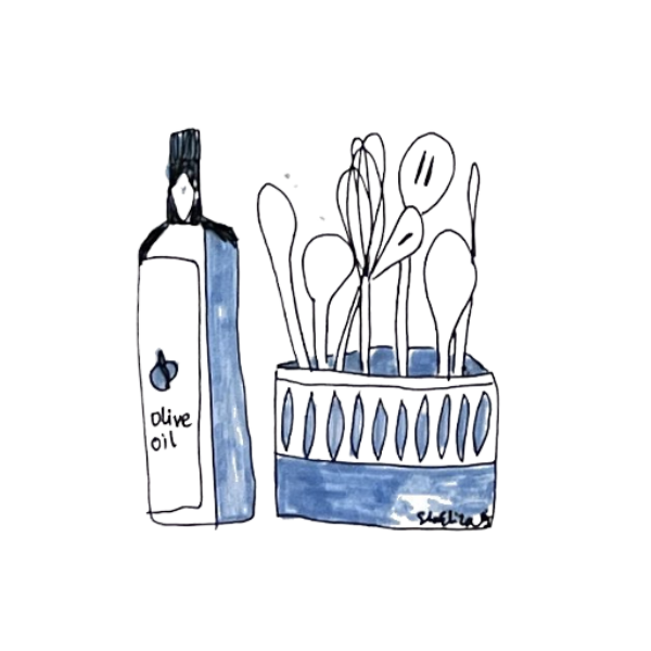 A drawing of a kitchen countertop with a bottle of olive oil and a container holding culinary herbs or greens.