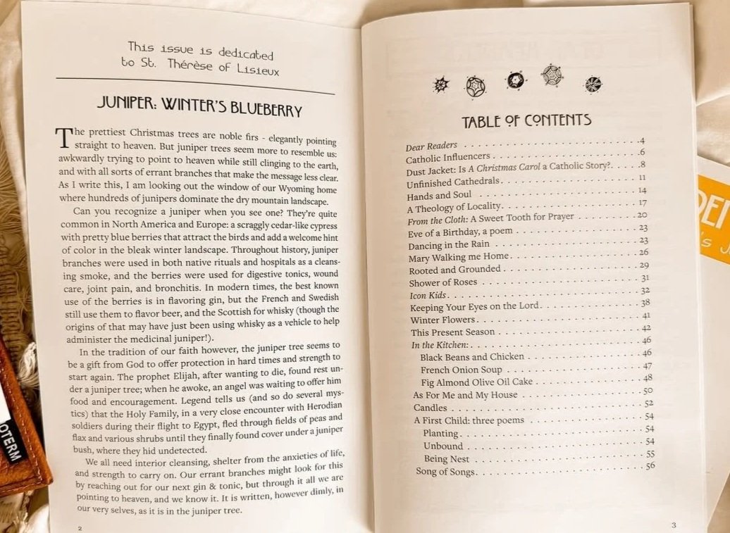Open book showing a page with an article titled 'Juniper: Winter's Blueberry' on the left and a table of contents on the right, featuring various chapter titles including 'Catholic Influencers', 'Unfinished Cathedrals', 'A Theology of Locality', and 'Song of Songs'.