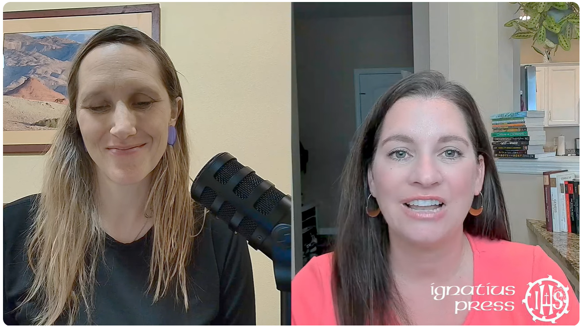 Two women are in a split-screen video call. The woman on the left has long, wavy blonde hair, is smiling with her eyes closed, and is sitting near a picture of a desert landscape. The woman on the right has straight dark brown hair, is speaking, and is in a bright room with a bookshelf and a potted plant in the background. The lower right corner has a white logo with text that reads 'ignatias press.'