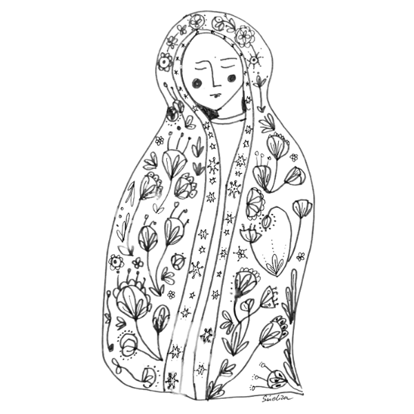 Line drawing of a woman with long hair, wrapped in a floral-patterned shawl or cloak. The drawing is simple with minimal facial features and detailed floral embellishments on the clothing.