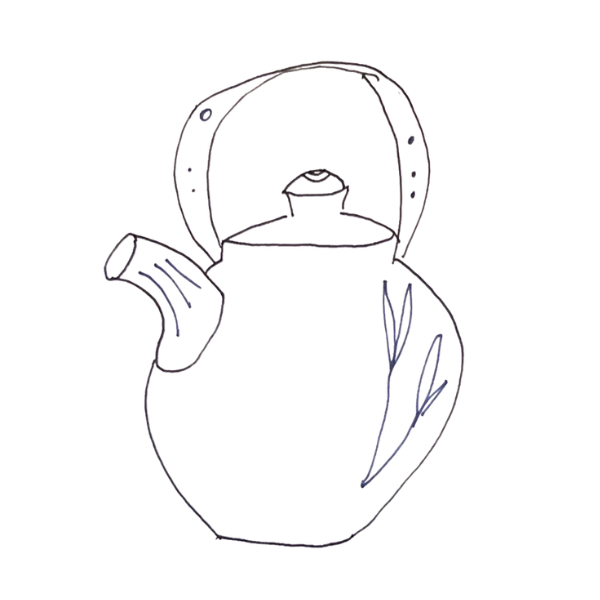 Line drawing of an antique glass oil lamp with a handle, a round base, and a wick holder.