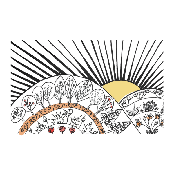 A colorful illustration of a sunrise over a hilly landscape with trees, plants, and flowers. The sun is yellow, and the hills and sky are black with decorative patterns in orange and red.