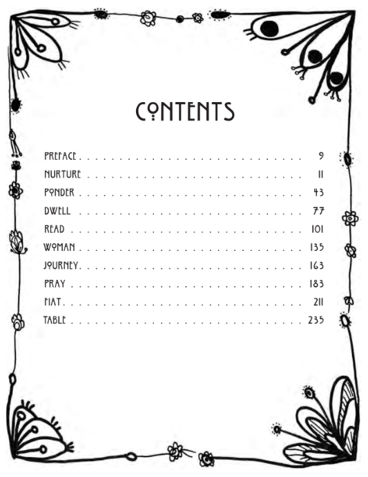 Table of contents page with decorative floral border and butterfly illustrations, listing sections such as Preface, Nurture, Pondr, Dwell, Read, Woman, Journey, Pray, Flat, and Table with corresponding page numbers.