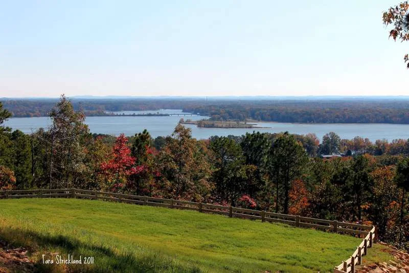 A scenic view of a lake with surrounding forested hills and a grassy fenced area in the foreground, under a clear blue sky.